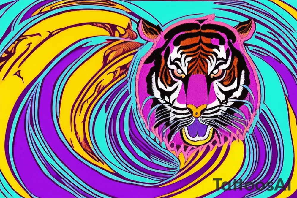 A line art design of a tiger with flames, set against white background. The tiger's stripes are illustrated in purple, with teal lines accentuating its form. Its eyes are fierce, highlighted with splashes of yellow, symbolizing its wild nature. The teal flames around it seem to dance, adding to the tiger's fierce yet majestic presence. This image captures the essence of the tiger's strength and elegance tattoo idea