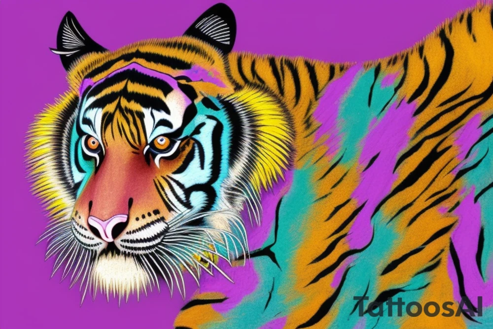 A line art design of a tiger with flames, set against white background. The tiger's stripes are illustrated in purple, with teal lines accentuating its form. Its eyes are fierce, highlighted with splashes of yellow, symbolizing its wild nature. The teal flames around it seem to dance, adding to the tiger's fierce yet majestic presence. This image captures the essence of the tiger's strength and elegance tattoo idea