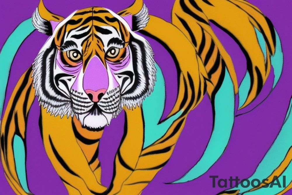 A line art design of a tiger with flames, set against white background. The tiger's stripes are illustrated in purple, with teal lines accentuating its form. Its eyes are fierce, highlighted with splashes of yellow, symbolizing its wild nature. The teal flames around it seem to dance, adding to the tiger's fierce yet majestic presence. This image captures the essence of the tiger's strength and elegance tattoo idea