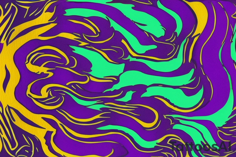 A line art design of a tiger with flames, set against white background. The tiger's stripes are illustrated in purple, with teal lines accentuating its form. Its eyes are fierce, highlighted with splashes of yellow, symbolizing its wild nature. The teal flames around it seem to dance, adding to the tiger's fierce yet majestic presence. This image captures the essence of the tiger's strength and elegance tattoo idea