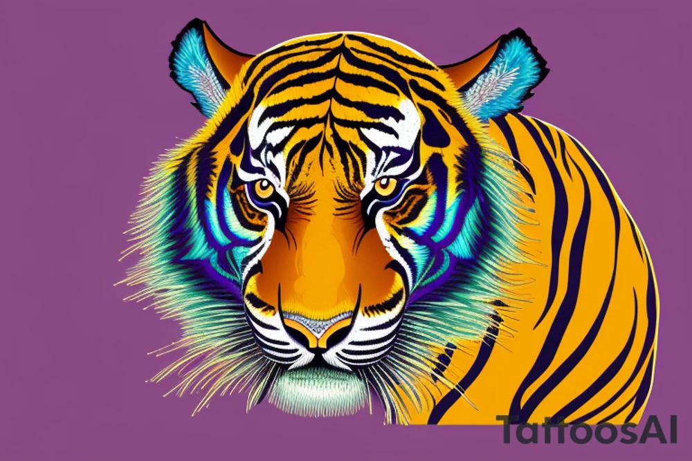 A line art design of a tiger with flames, set against white background. The tiger's stripes are illustrated in purple, with teal lines accentuating its form. Its eyes are fierce, highlighted with splashes of yellow, symbolizing its wild nature. The teal flames around it seem to dance, adding to the tiger's fierce yet majestic presence. This image captures the essence of the tiger's strength and elegance tattoo idea