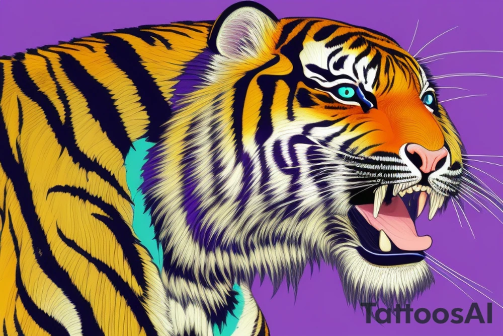 A line art design of a tiger with flames, set against white background. The tiger's stripes are illustrated in purple, with teal lines accentuating its form. Its eyes are fierce, highlighted with splashes of yellow, symbolizing its wild nature. The teal flames around it seem to dance, adding to the tiger's fierce yet majestic presence. This image captures the essence of the tiger's strength and elegance tattoo idea