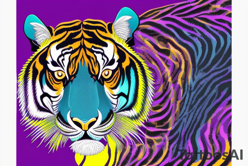 A line art design of a tiger with flames, set against white background. The tiger's stripes are illustrated in purple, with teal lines accentuating its form. Its eyes are fierce, highlighted with splashes of yellow, symbolizing its wild nature. The teal flames around it seem to dance, adding to the tiger's fierce yet majestic presence. This image captures the essence of the tiger's strength and elegance tattoo idea