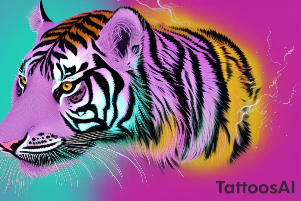 A line art design of a tiger with flames, set against white background. The tiger's stripes are illustrated in purple, with teal lines accentuating its form. Its eyes are fierce, highlighted with splashes of yellow, symbolizing its wild nature. The teal flames around it seem to dance, adding to the tiger's fierce yet majestic presence. This image captures the essence of the tiger's strength and elegance tattoo idea