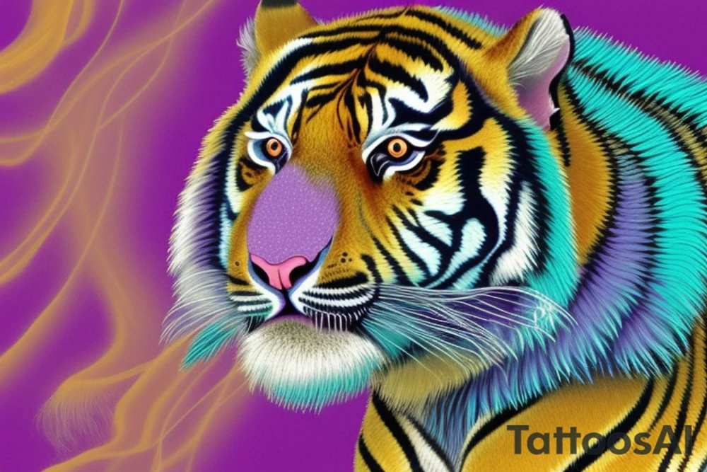 A line art design of a tiger with flames, set against white background. The tiger's stripes are illustrated in purple, with teal lines accentuating its form. Its eyes are fierce, highlighted with splashes of yellow, symbolizing its wild nature. The teal flames around it seem to dance, adding to the tiger's fierce yet majestic presence. This image captures the essence of the tiger's strength and elegance tattoo idea
