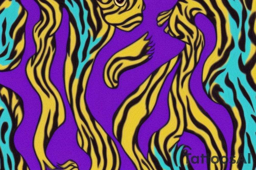 A line art design of a tiger with flames, set against white background. The tiger's stripes are illustrated in purple, with teal lines accentuating its form. Its eyes are fierce, highlighted with splashes of yellow, symbolizing its wild nature. The teal flames around it seem to dance, adding to the tiger's fierce yet majestic presence. This image captures the essence of the tiger's strength and elegance tattoo idea