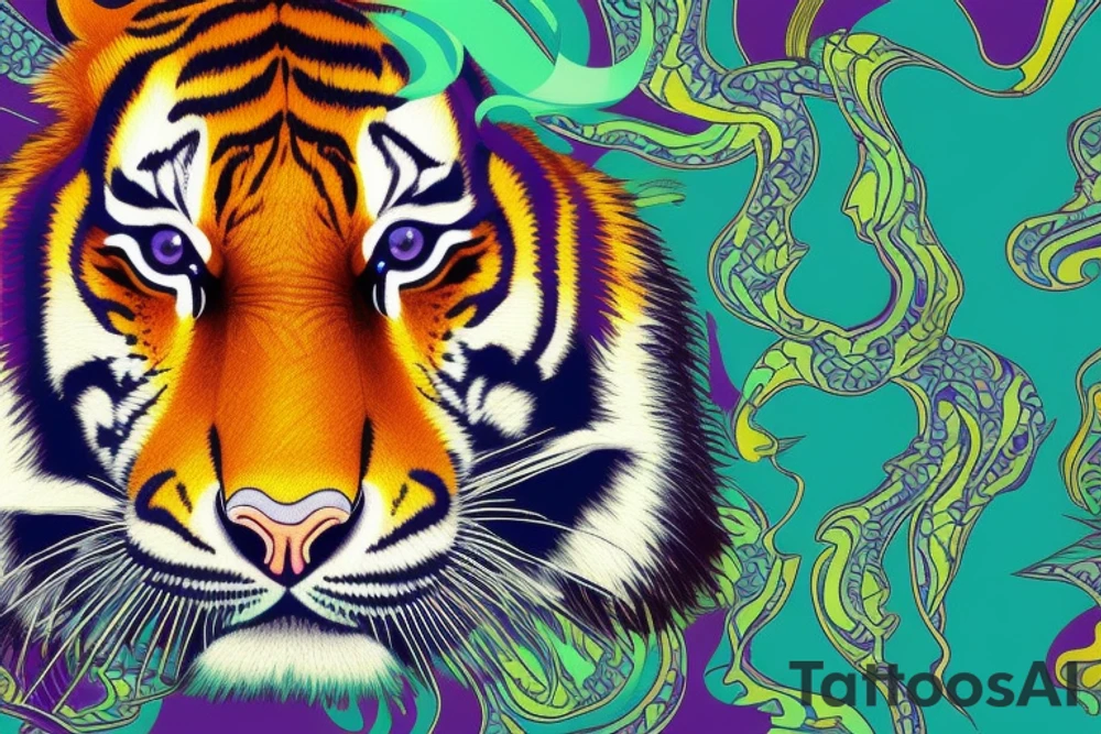 A line art design of a tiger with flames, set against white background. The tiger's stripes are illustrated in purple, with teal lines accentuating its form. Its eyes are fierce, highlighted with splashes of yellow, symbolizing its wild nature. The teal flames around it seem to dance, adding to the tiger's fierce yet majestic presence. This image captures the essence of the tiger's strength and elegance tattoo idea