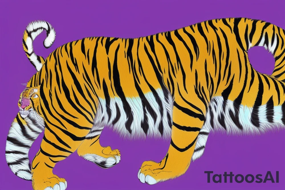 A line art design of a tiger with flames, set against white background. The tiger's stripes are illustrated in purple, with teal lines accentuating its form. Its eyes are fierce, highlighted with splashes of yellow, symbolizing its wild nature. The teal flames around it seem to dance, adding to the tiger's fierce yet majestic presence. This image captures the essence of the tiger's strength and elegance tattoo idea