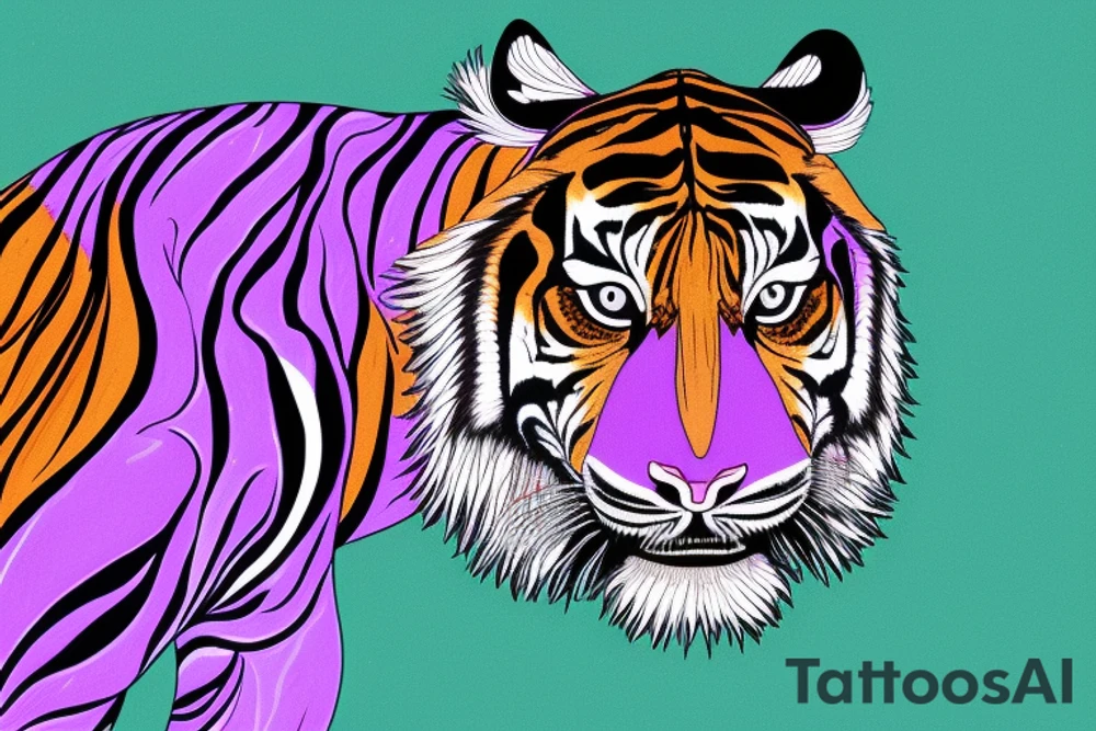 A line art design of a tiger with flames, set against white background. The tiger's stripes are illustrated in purple, with teal lines accentuating its form. Its eyes are fierce, highlighted with splashes of yellow, symbolizing its wild nature. The teal flames around it seem to dance, adding to the tiger's fierce yet majestic presence. This image captures the essence of the tiger's strength and elegance tattoo idea