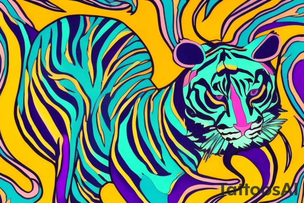 A line art design of a tiger with flames, set against white background. The tiger's stripes are illustrated in purple, with teal lines accentuating its form. Its eyes are fierce, highlighted with splashes of yellow, symbolizing its wild nature. The teal flames around it seem to dance, adding to the tiger's fierce yet majestic presence. This image captures the essence of the tiger's strength and elegance tattoo idea