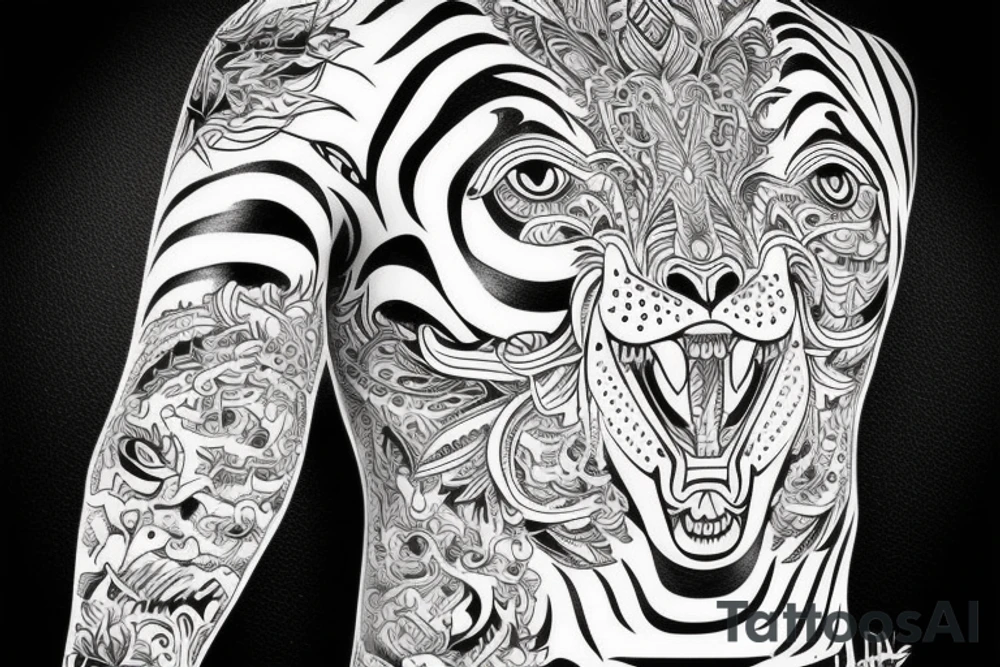 A line art design of a tiger, full body,
design only tattoo idea