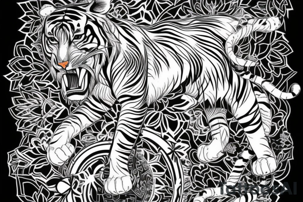 A line art design of a tiger of full body,
 design only tattoo idea