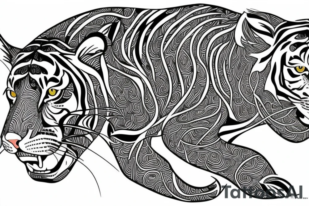 A line art design of a tiger of full body,
 design only tattoo idea