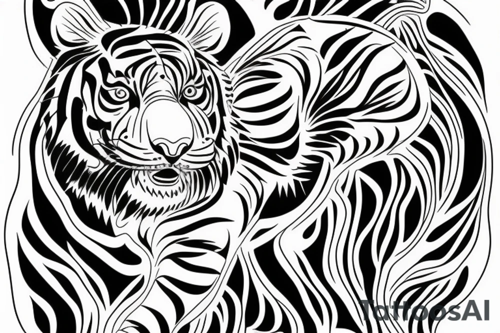 A line art design of a tiger of full body,
 design only tattoo idea