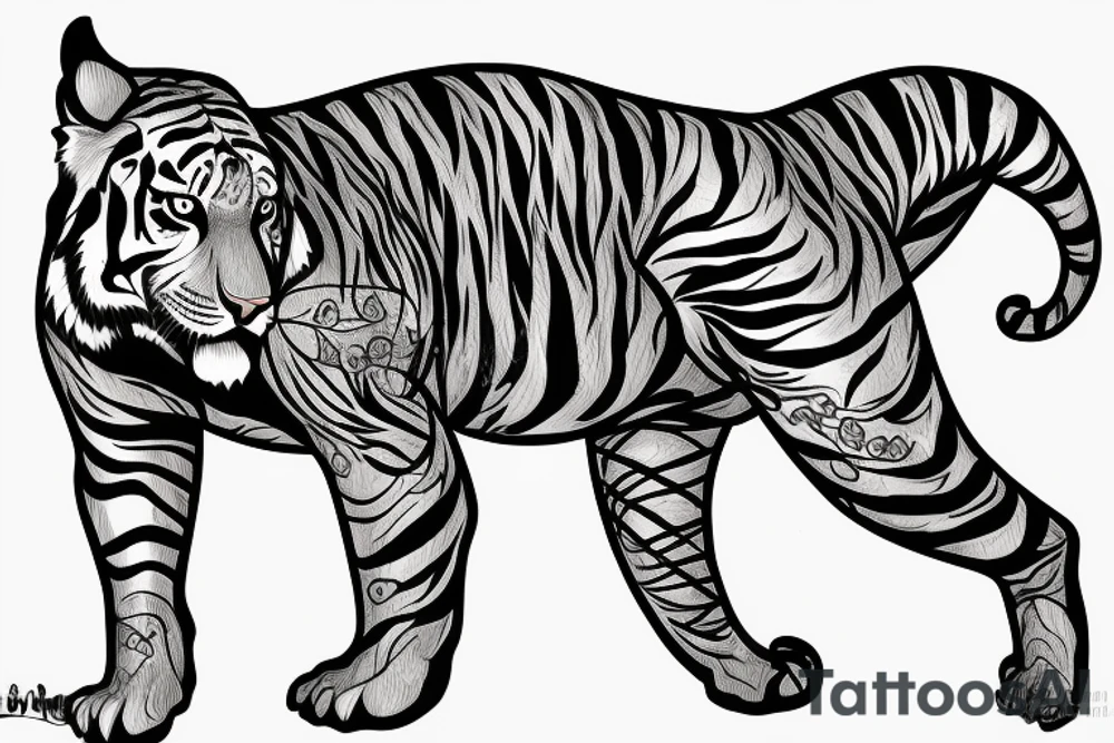 A line art design of a tiger of full body,
design only tattoo idea