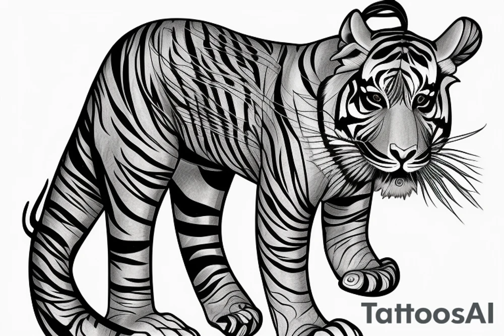 A line art design of a tiger of full body,
 design only tattoo idea
