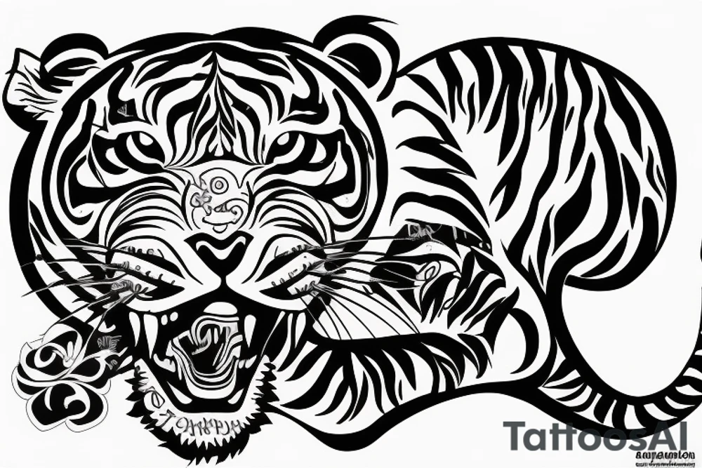 A line art design of a tiger of full body,
 design only tattoo idea