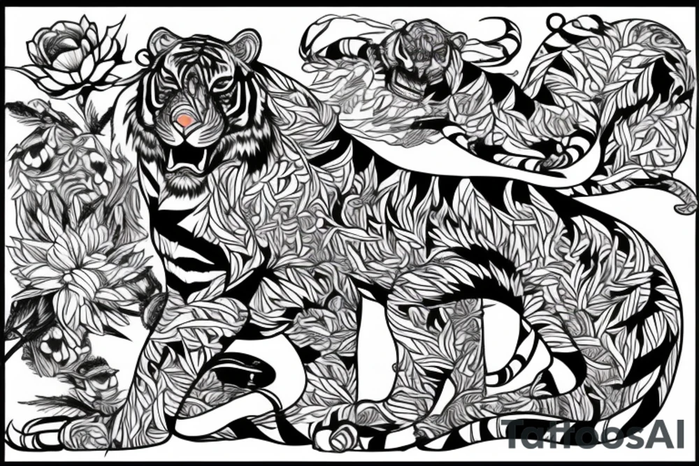 A line art design of a tiger of full body,
 design only tattoo idea