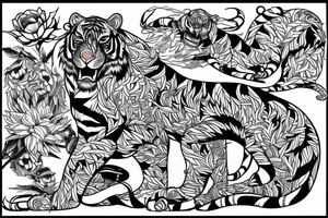 A line art design of a tiger of full body,
 design only tattoo idea