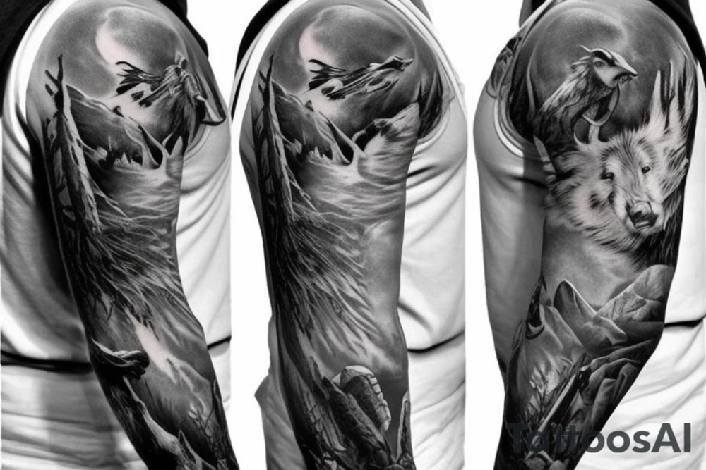hunting, outdoors full sleeve tattoo idea