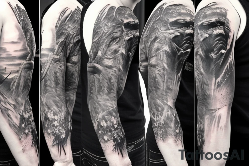 hunting, outdoors full sleeve tattoo idea