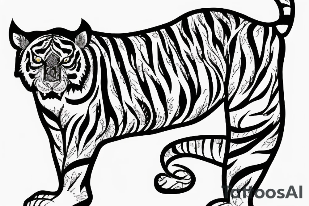 A line art design of a tiger of full body, overhead short, design only tattoo idea