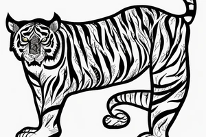 A line art design of a tiger of full body, overhead short, design only tattoo idea