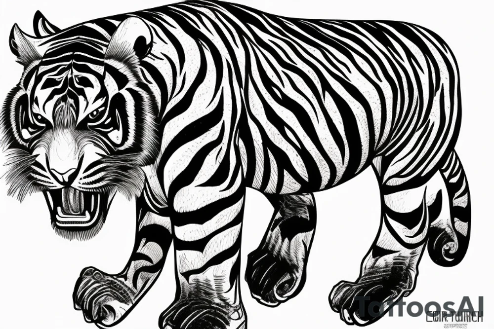 A line art design of a threatening tiger of full body, overhead short, design only tattoo idea