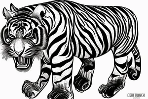 A line art design of a threatening tiger of full body, overhead short, design only tattoo idea