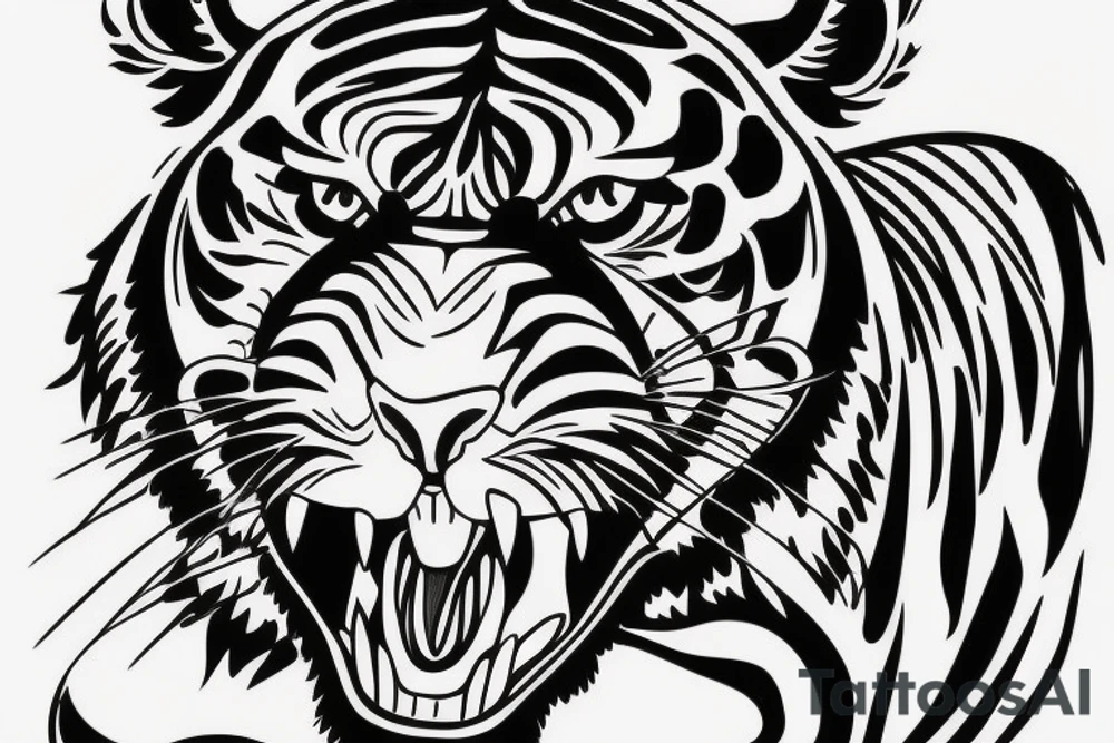 A line art design of a threatening tiger of full body, overhead short, design only, tribal tattoo idea