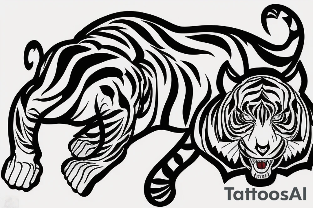A line art design of a threatening tiger of full body, overhead short, design only, tribal tattoo idea
