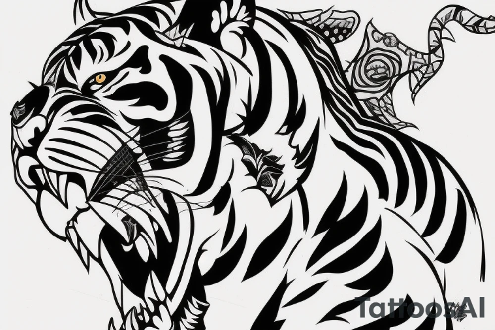 A line art design of a threatening tiger of full body, overhead short, design only, tattoo idea