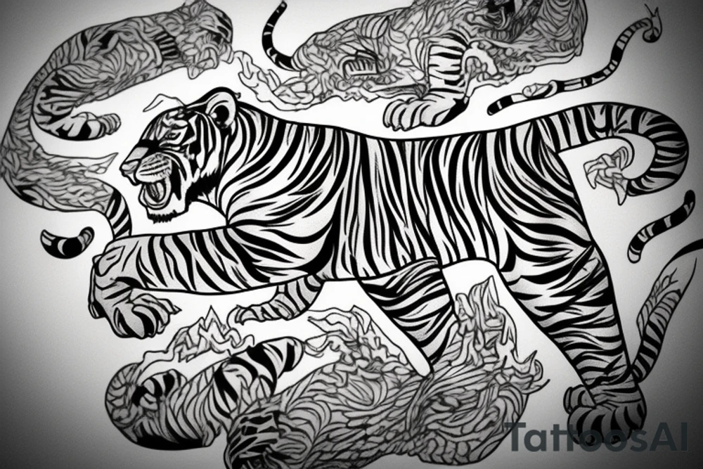 A line art design of a threatening tiger of full body, overhead short, design only, tattoo idea