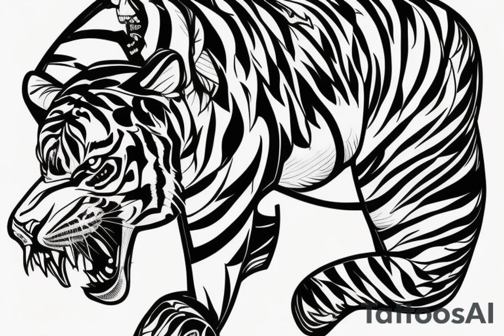A line art design of a threatening tiger of full body, overhead short, design only, tattoo idea