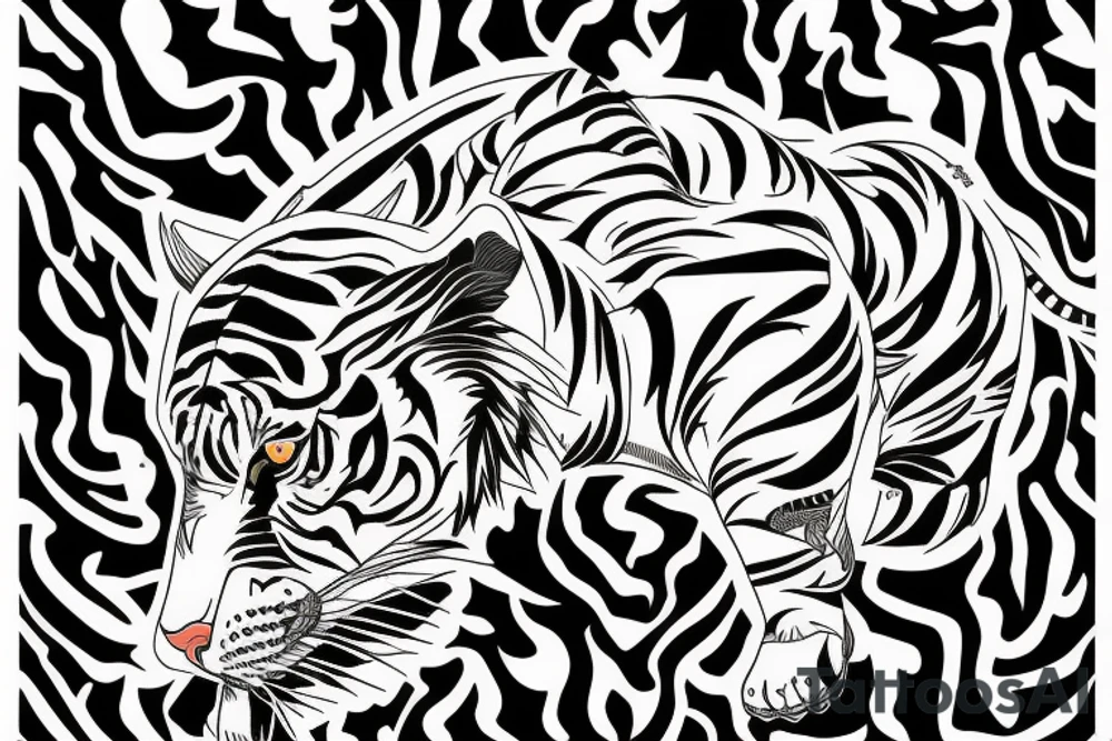A line art design of a threatening tiger of full body, overhead short, design only, tattoo idea