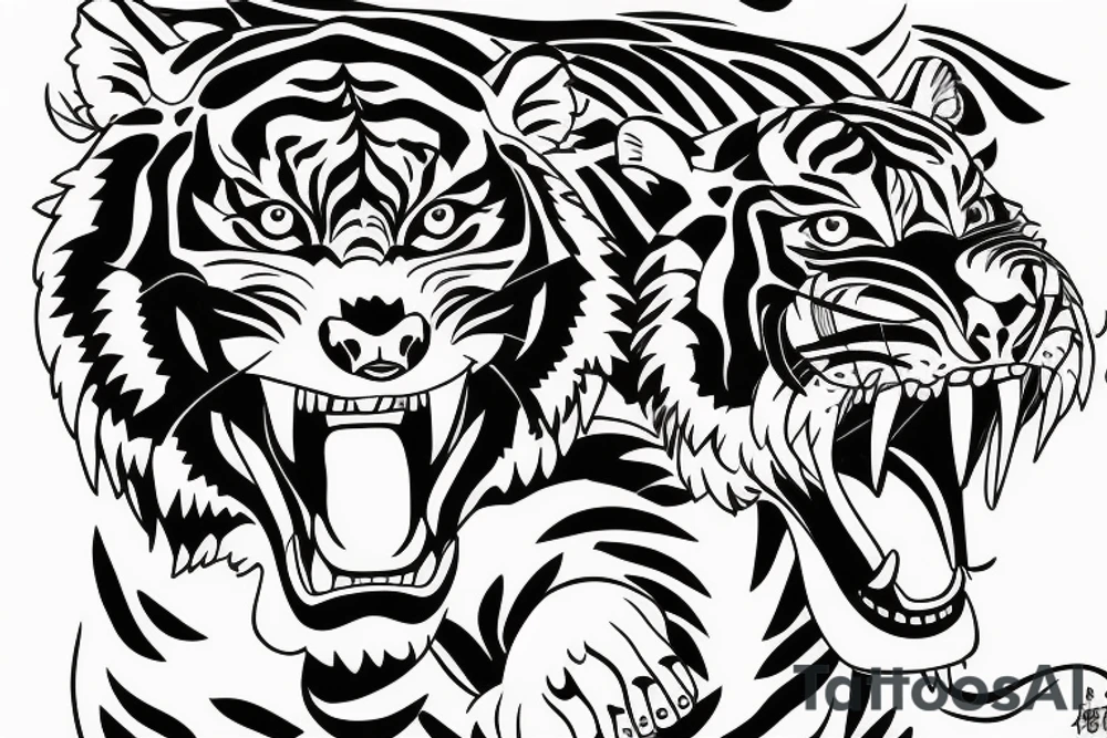 A line art design of a threatening tiger of full body, overhead short, design only, tattoo idea