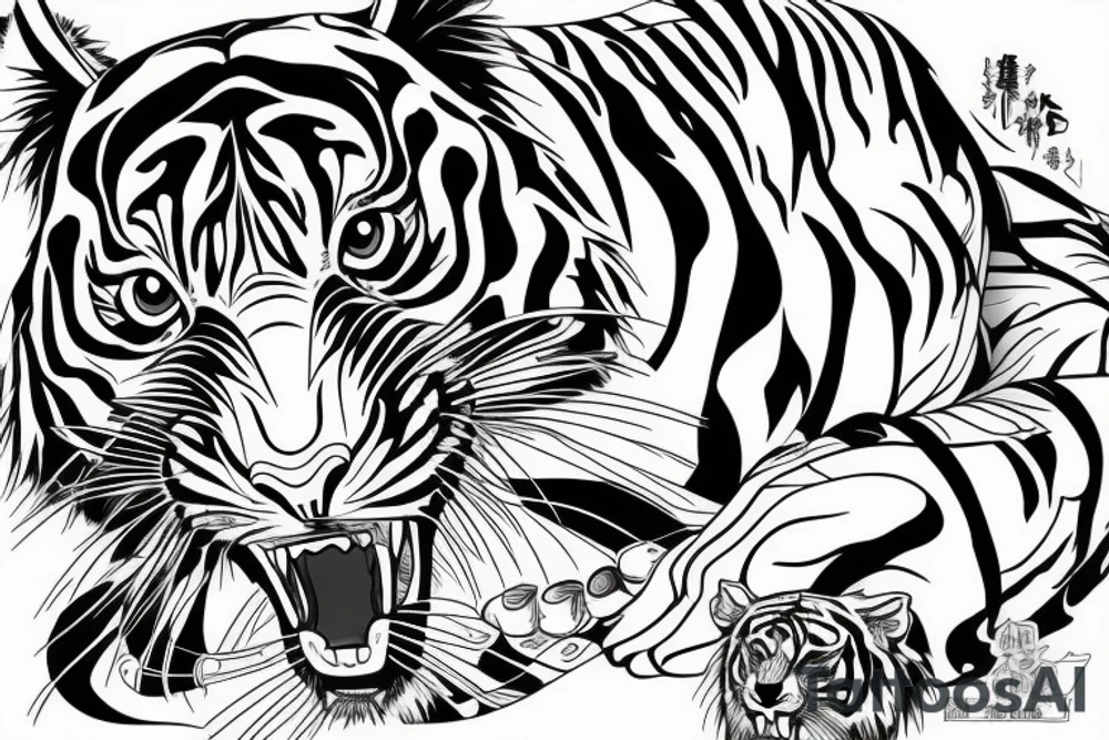 A line art design of a threatening tiger of full body, overhead short, design only, tattoo idea