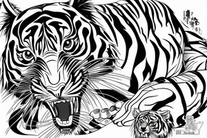 A line art design of a threatening tiger of full body, overhead short, design only, tattoo idea