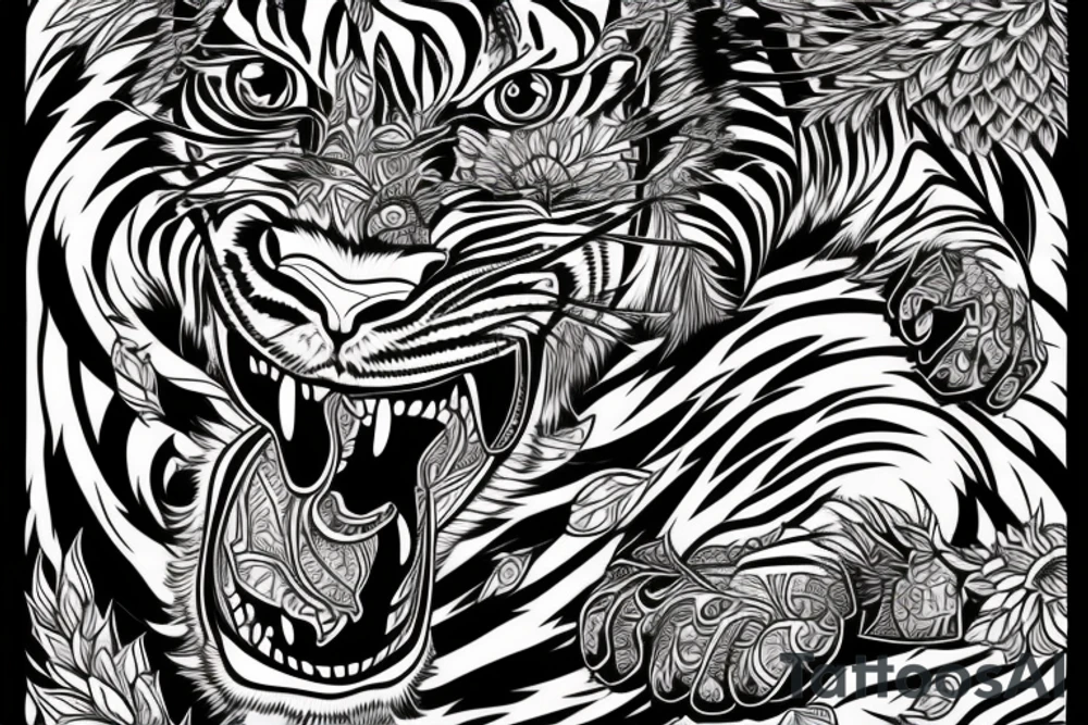 A line art design of a threatening tiger of full body, overhead short, outline only tattoo idea