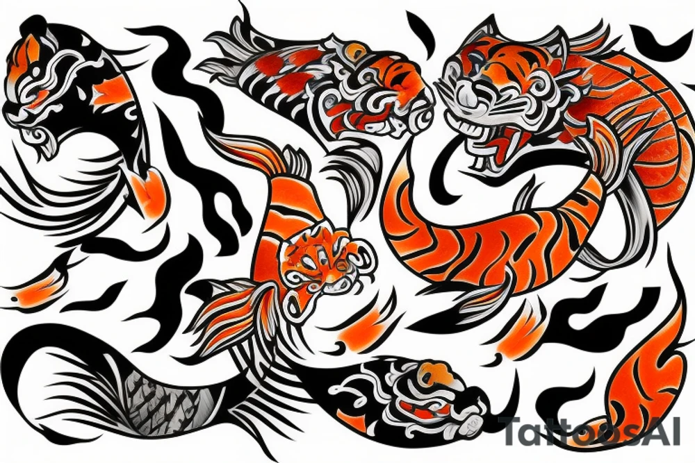 oni mask with koi fish and tiger tattoo idea