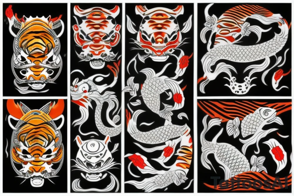 oni mask with koi fish and tiger tattoo idea
