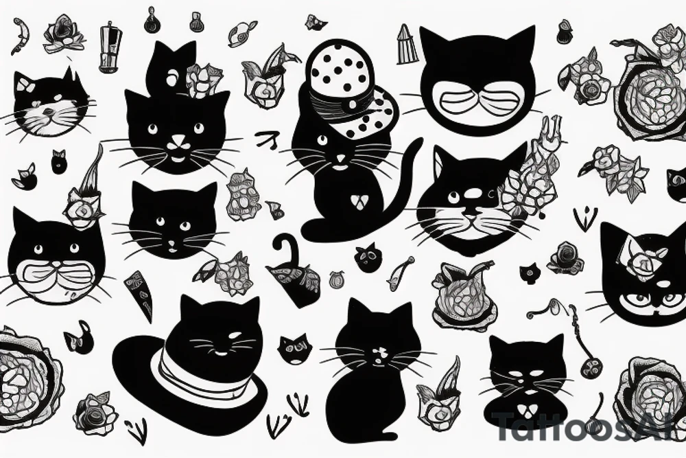 black cat with funny hat and swetter tattoo idea