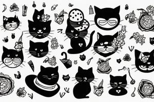 black cat with funny hat and swetter tattoo idea