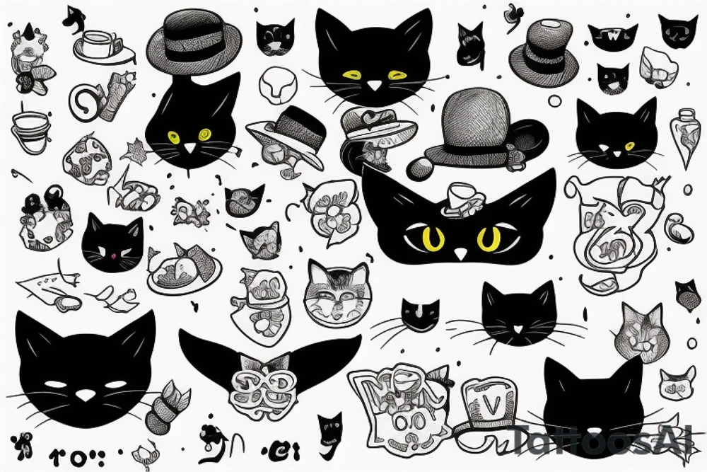 black cat with funny hat and swetter tattoo idea