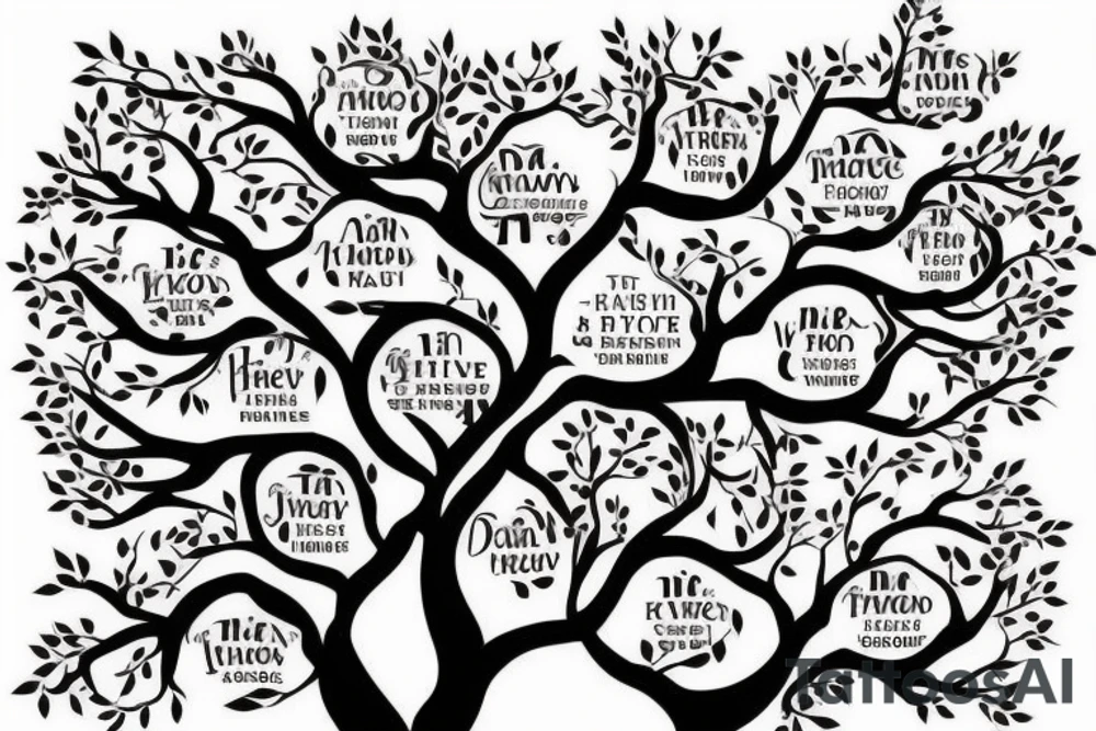 family tree with the names David and Shannon in the trunk. one branch with the name Jordan and two small branches off of that with the names Noah and Grace. 2nd branch with the name Maddison and a third branch with the name Cameron tattoo idea