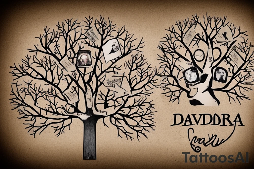 family tree with the names David and Shannon in the trunk. one branch with the name Jordan and two small branches off of that with the names Noah and Grace. 2nd branch with the name Maddison and a third branch with the name Cameron tattoo idea