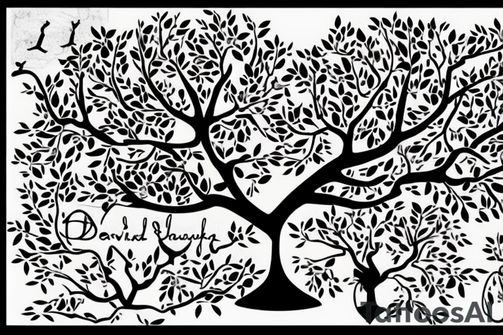 family tree with the names David and Shannon in the trunk. one branch with the name Jordan and two small branches off of that with the names Noah and Grace. 2nd branch with the name Maddison and a third branch with the name Cameron tattoo idea