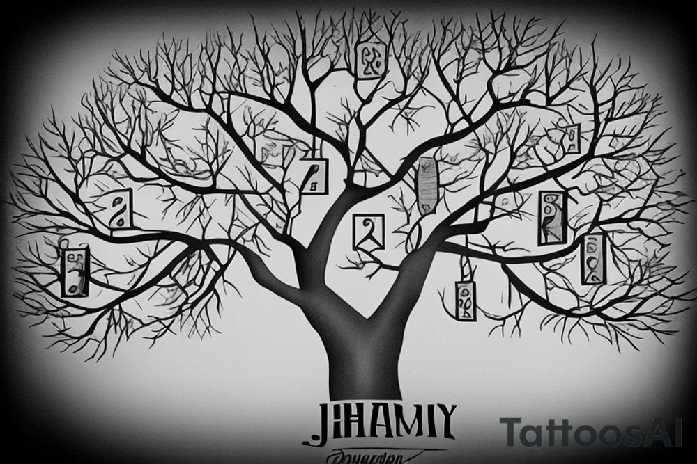 family tree with the names David and Shannon in the trunk. one branch with the name Jordan and two small branches off of that with the names Noah and Grace. 2nd branch with the name Maddison and a third branch with the name Cameron tattoo idea