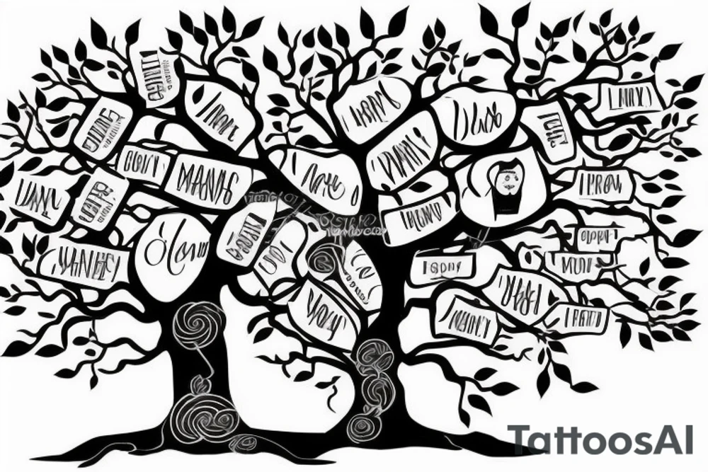 family tree with the names David and Shannon in the trunk. one branch with the name Jordan and two small branches off of that with the names Noah and Grace. 2nd branch with the name Maddison and a third branch with the name Cameron tattoo idea