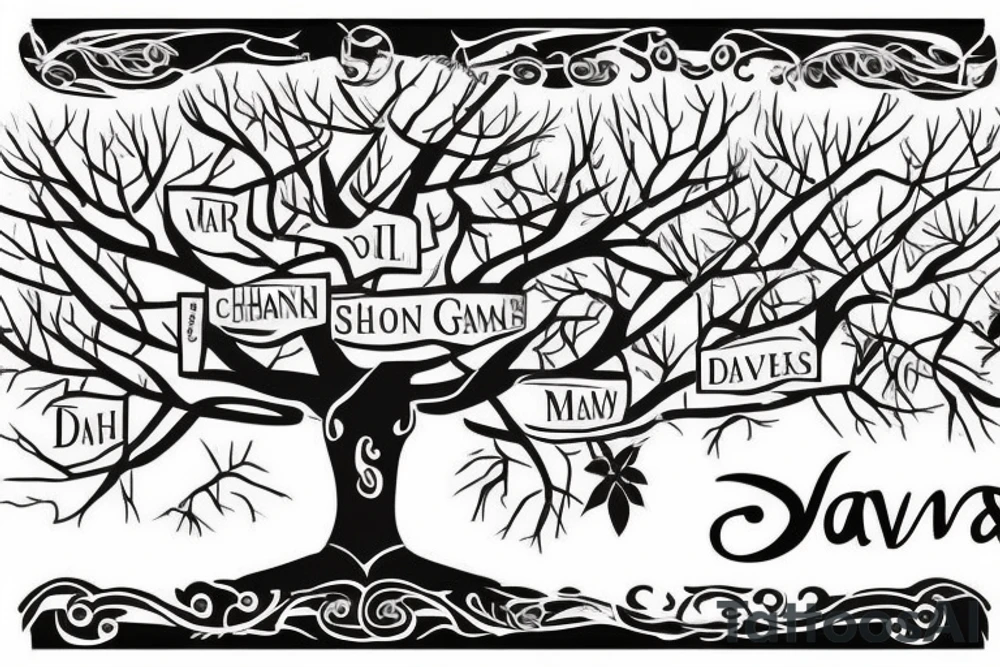 family tree with the names David and Shannon in the trunk. one branch with the name Jordan and two small branches off of that with the names Noah and Grace. 2nd branch with the name Maddison and a third branch with the name Cameron tattoo idea